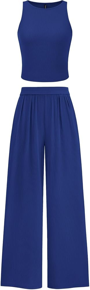 PRETTYGARDEN Spring Two Piece Sets For Women 2025 Ribbed Knit Crew Neck Sleeveless Tank Tops Wide... | Amazon (US)