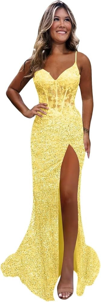 Monvelli Appliques Sparkly Sequin Prom Dress Long Ball Gown 2026 Mermaid V Neck Formal Evening Dr... | Amazon (US)