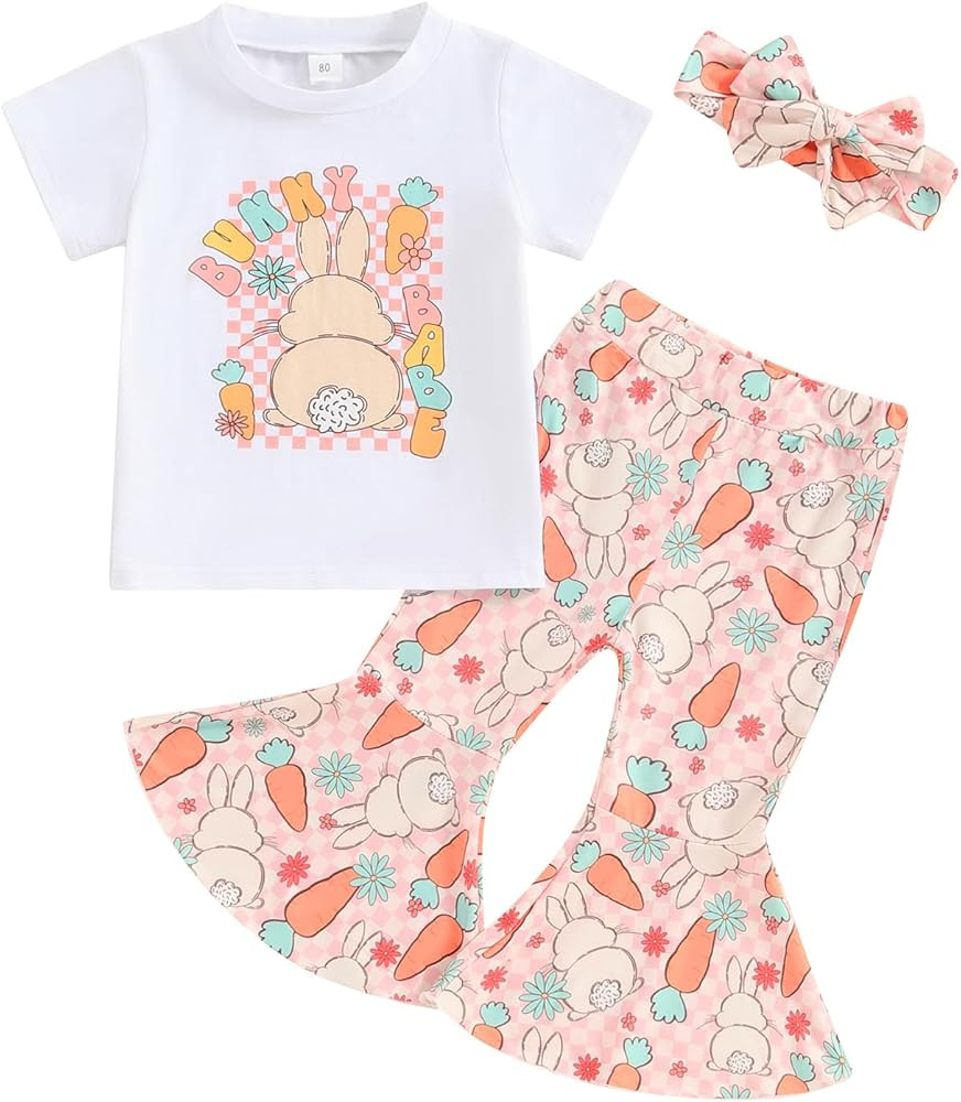 Hnyenmcko Toddler Baby Girl Easter Outfits Short Sleeve Letter Print T-Shirt Bunny Flared Pant Se... | Amazon (US)