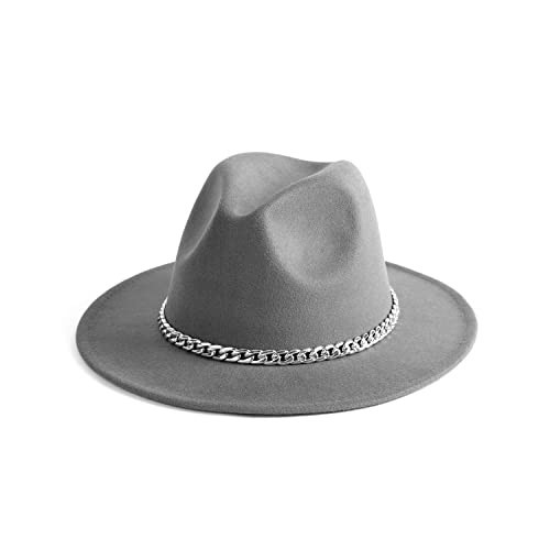 Gossifan Women Men Wide Brim Fedoran Hat with Chain Belt Buckle -Light Grey | Amazon (US)