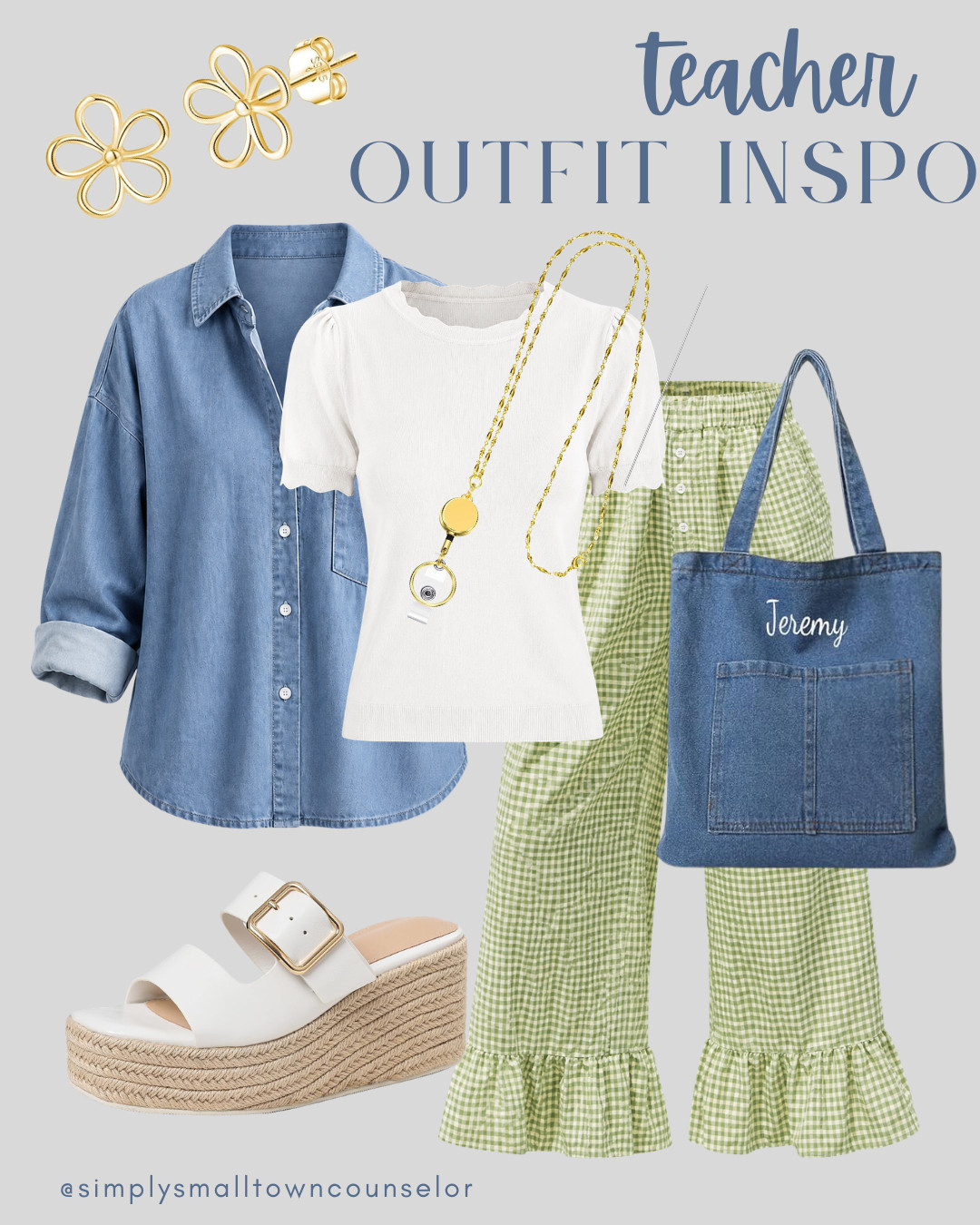 Teacher Outfit Inspo 🍏💚 These gingham ruffle pants paired with a simple white top and denim layer make the cutest classroom-ready look! ✏️📚
 

 #LTKWorkwear