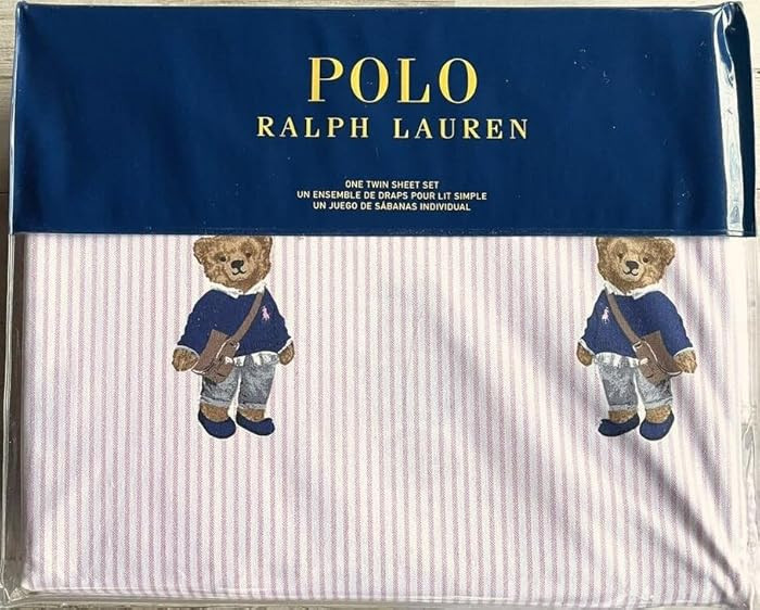 POLO Ralph Lauren Pink Stripe Pony Sweater Girl Bear 2 Pc Sheet Set Pink White (Twin) | Amazon (US)
