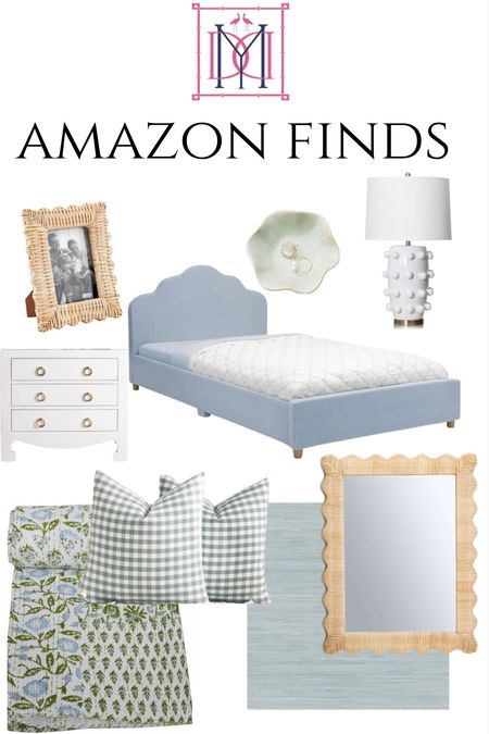 Blue scalloped twin bed, green scalloped ring fish, linden lamp look for less, scalloped white dresser. Scalloped rattan picture frame, blue faux grasscloth wallpaper, scalloped rattan mirror, green and white check pillows, block print quilt Amazon finds, Amazon home

#LTKhome