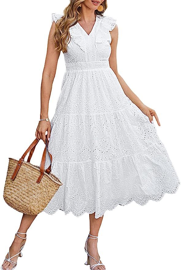 Midi Dress Eyelet Smocked Lace Cotton Tiered A Line Sun Dress with Lining V-Neck Ruffle Cap | Amazon (US)