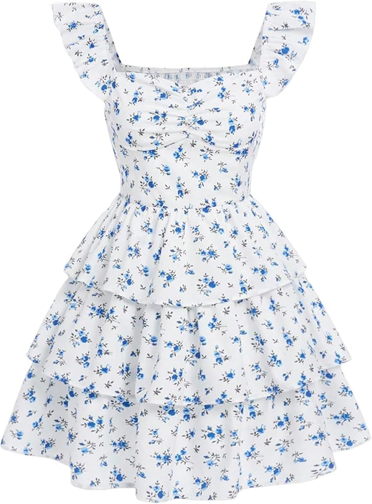 Girl's Floral Summer Dress Ruffle Shirred High Waist Ruched Sweetheart A Line Spring Dress | Amazon (US)