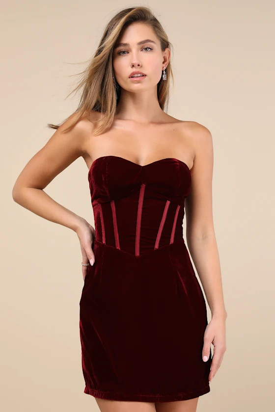 Poised Favorite Burgundy Velvet Bustier Strapless Mini Dress | Lulus