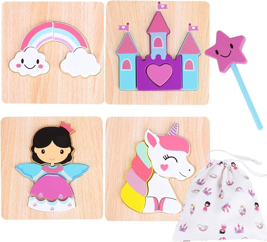 Princess Jigsaw Puzzle and Wand Set - Storage Bag Included - Rainbow, Unicorn and Castle Set - Pu... | Amazon (US)