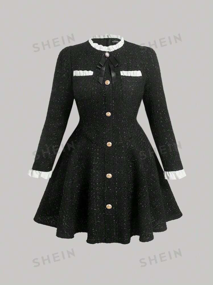 SHEIN MOD Plus Contrast Trim Bow Front Tweed Dress | SHEIN USA | SHEIN