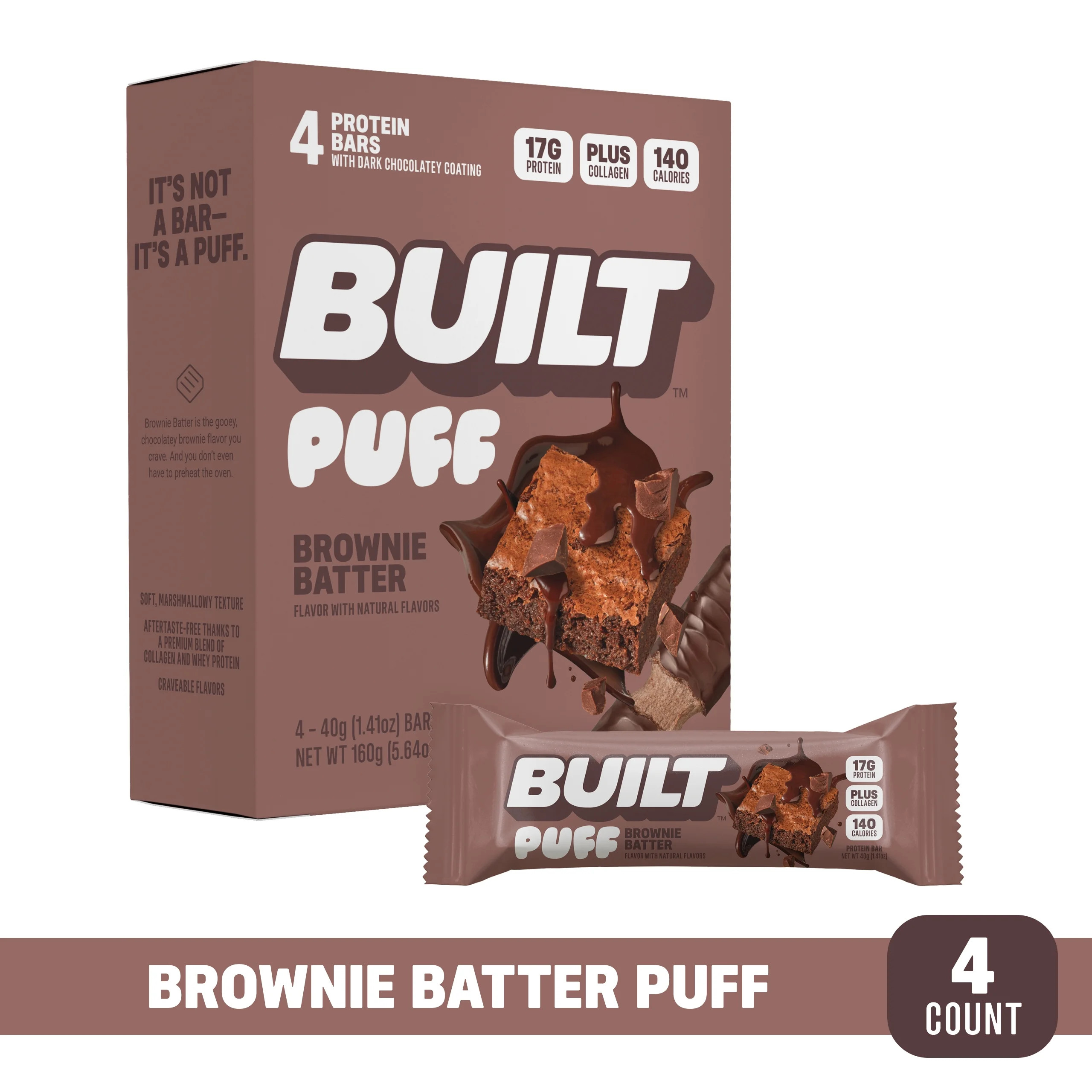BUILT Puff Protein Bar, Brownie Batter, 17g Protein, Collagen, 140 Calories, 4 Count Box, 1.41 oz... | Walmart (US)