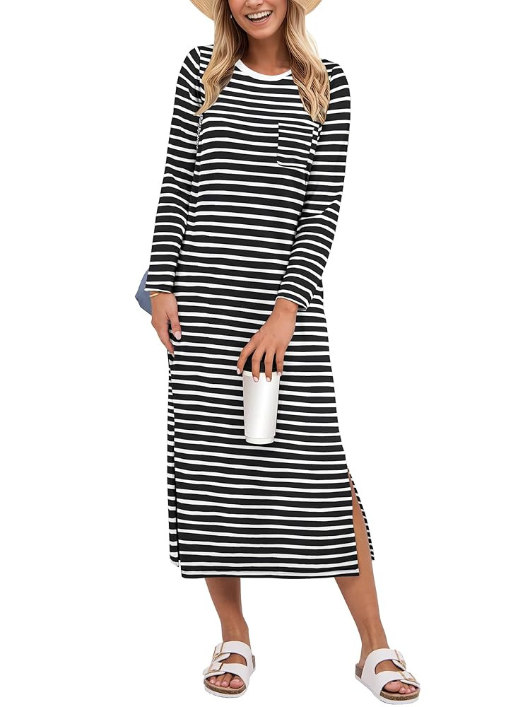 ANRABESS Womens 3/4 Long Sleeve Striped Slit Midi T Shirt Dresses with Pockets 2025 Dressy Casual... | Amazon (US)