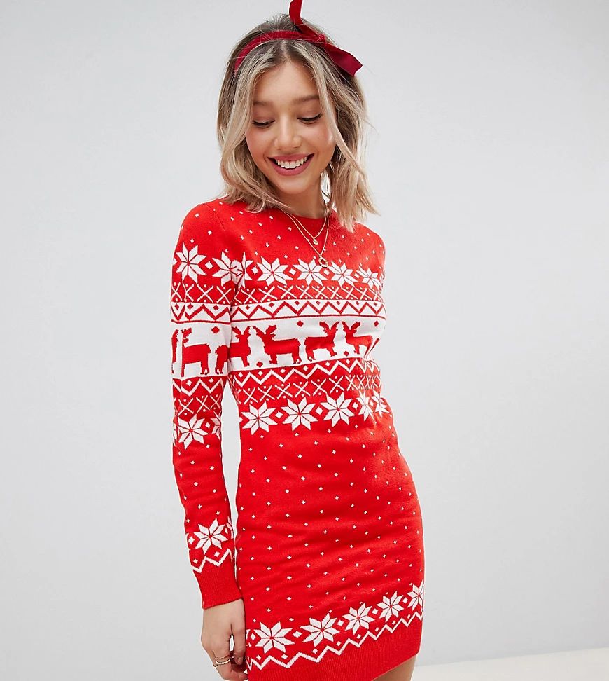 Brave Soul Petite sweater dress in reindeer fair isle-Red | ASOS (Global)