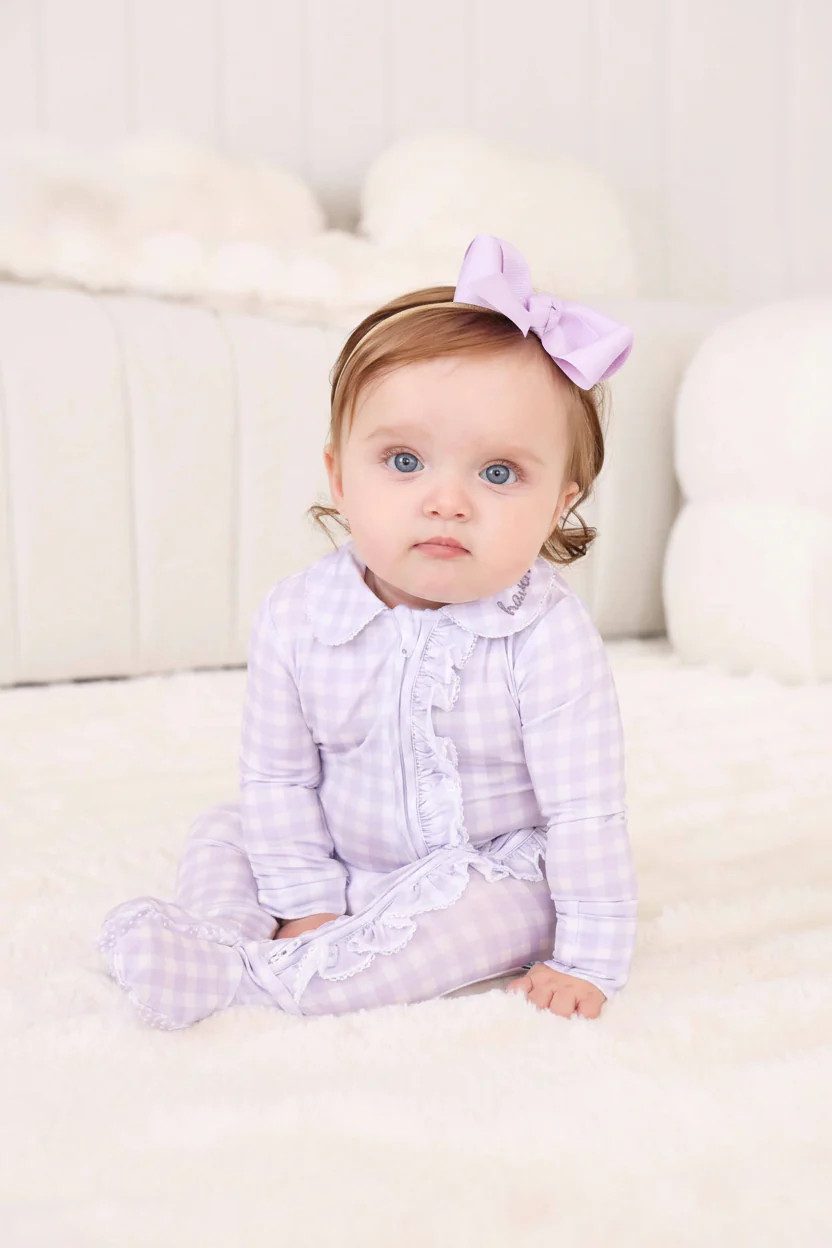 Peter Pan Collar Ruffle Zipper Footie | Lilac Gingham | Caden Lane