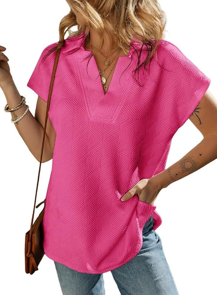 SHEWIN Women's Polo Shirts Casual Collared Short Sleeve Shirt Loose V Neck Tunic Tops | Amazon (US)
