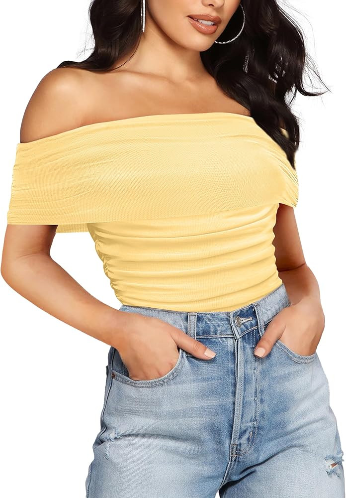 SAUNGKUAI Women's Sexy Off Shoulder Mesh Sleeveless Bodysuit Double Lined Leotard Thong Body Suit... | Amazon (US)