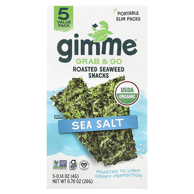 gimMe, Grab & Go Roasted Seaweed Snacks, Sea Salt, 5 Pack, 0.14 oz (4 g) Each | iHerb