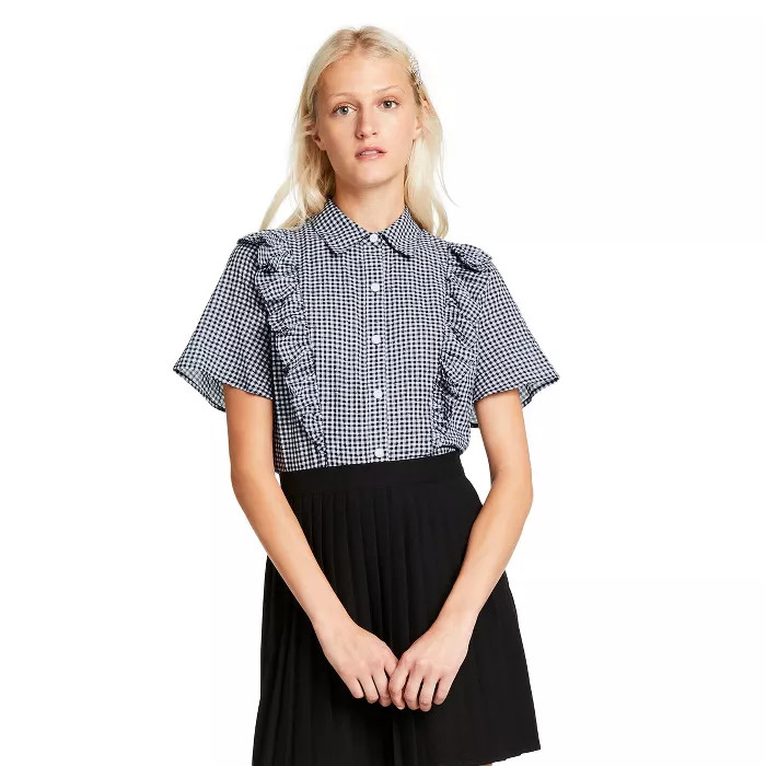 Women's Gingham Short Sleeve Ruffle Button-Down Shirt - Sandy Liang x Target Black | Target