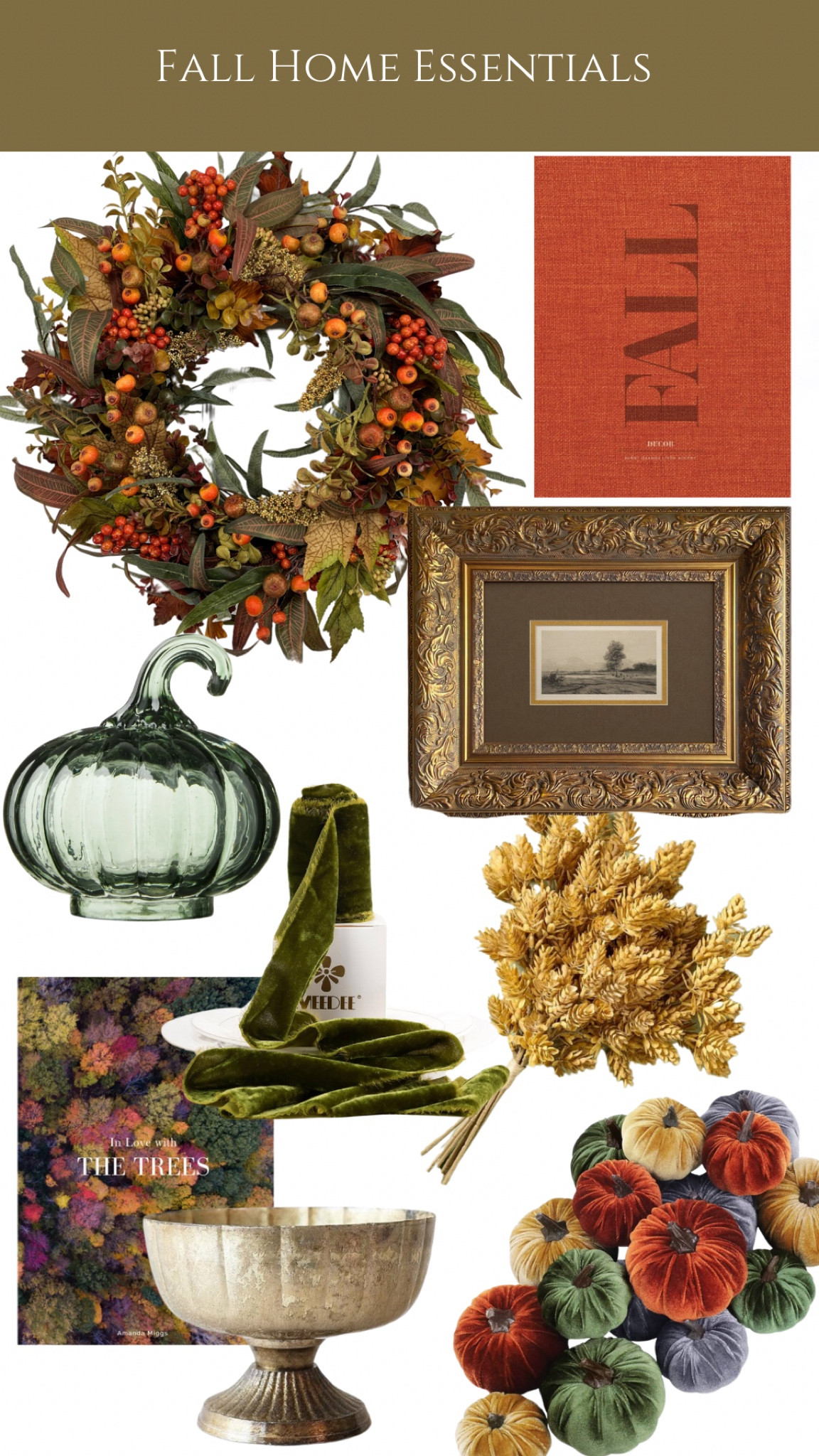 Fall decor velvet ribbon glass pumpkin fall wreath front door wreath coffee table book metal vase framed art 

#LTKHome