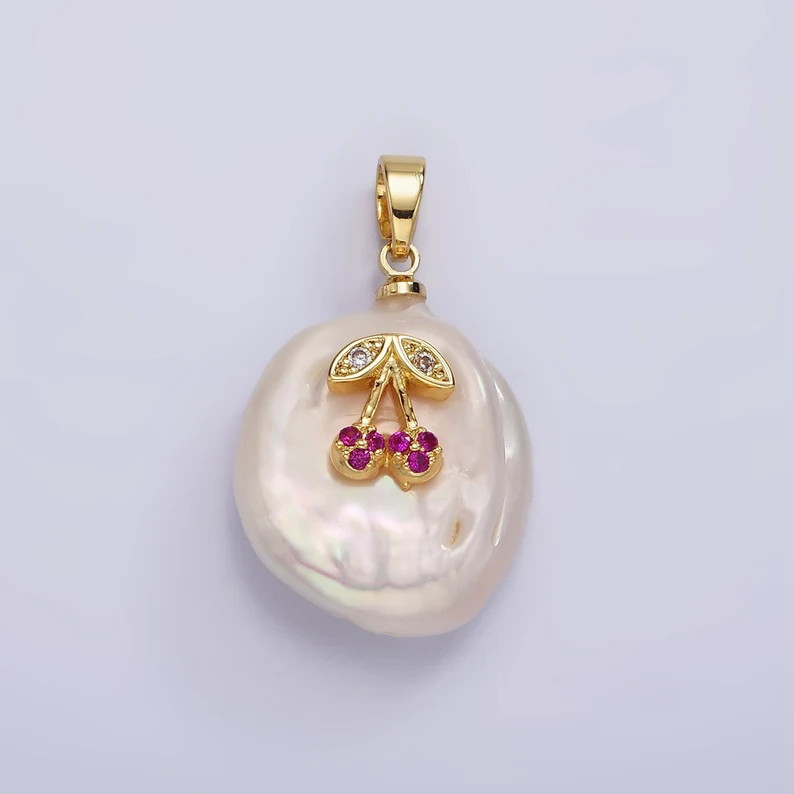 Dainty Gold Filled Micro Pave Cherry Oval Freeform Pearl Charm for Necklace Bracelet Earring Pend... | Etsy (US)