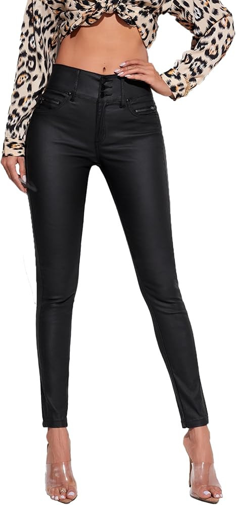 Women's Faux Leather Stretchy Skinny Jeggings Coated Faux Leather Legging Pants Mid Waisted | Amazon (US)