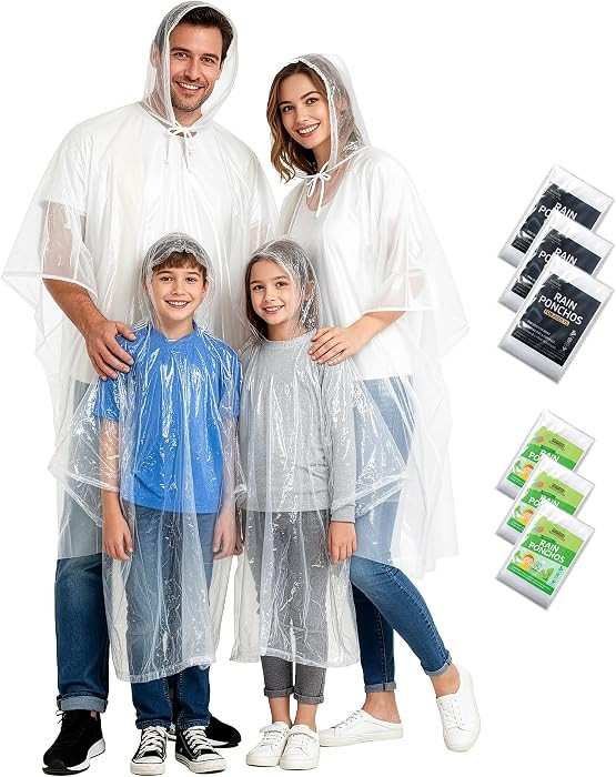Rain Ponchos Family Pack Kids\u2013 6/12/24 Pack Disposable Poncho with Hood, Clear & Assorted Co... | Amazon (US)