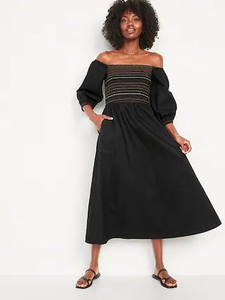 Fit & Flare Cotton-Poplin Smocked Off-the-Shoulder Maxi Dress for Women | Old Navy (US)