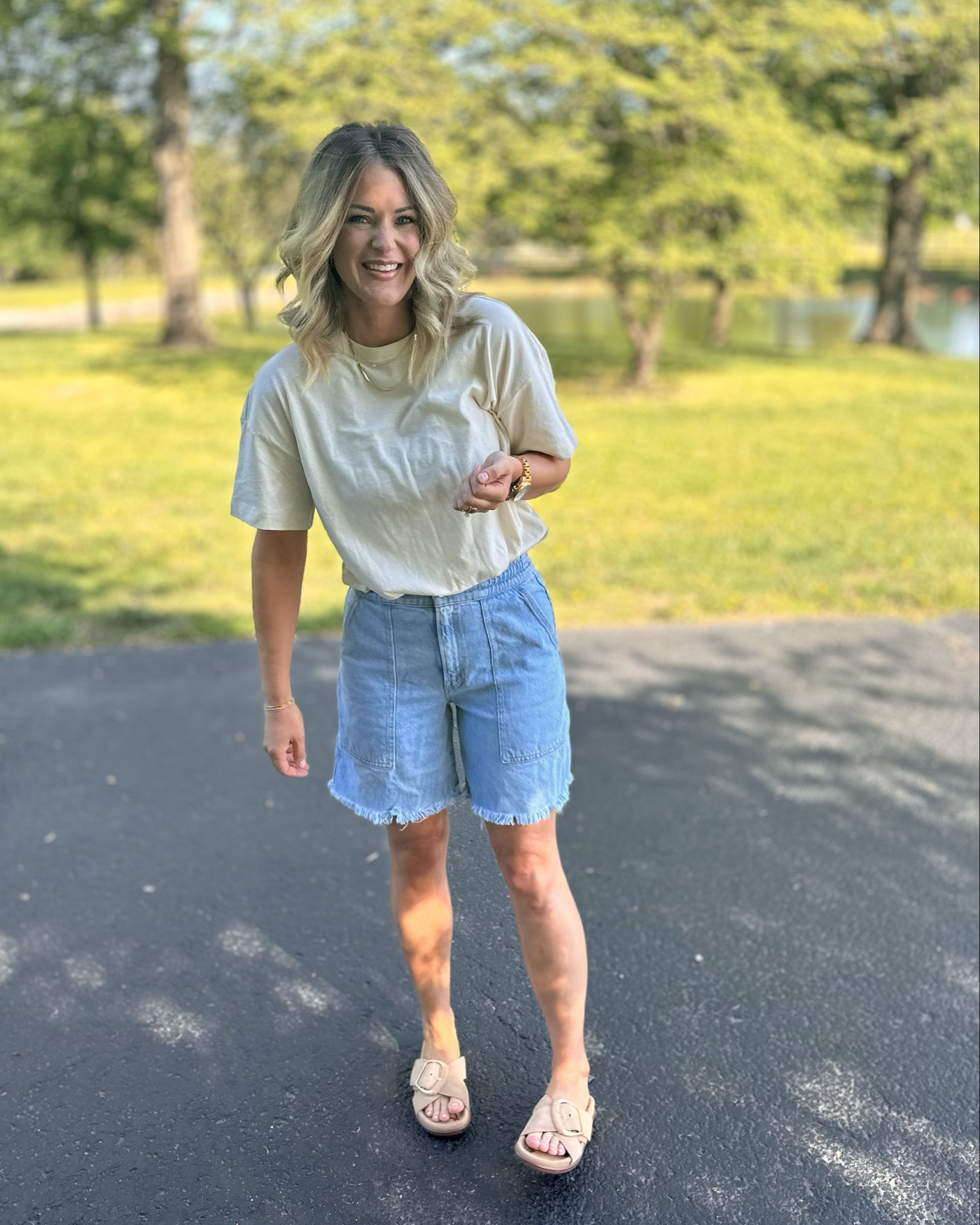 A tee you need every color in and sandals that make any outfit. Plus my absolute, favorite, self tanner. The shorts are Snacks by Mother. An older style. Linked similar options currently available.

Lipstick is MAC Creme Cup. Liner is One Size Rent Due.