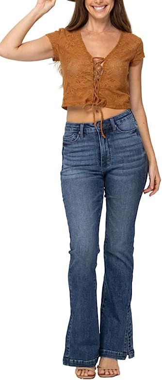 Judy Blue High Waist Control Top Side Slit Hemmed Bootcut Jeans | Amazon (US)