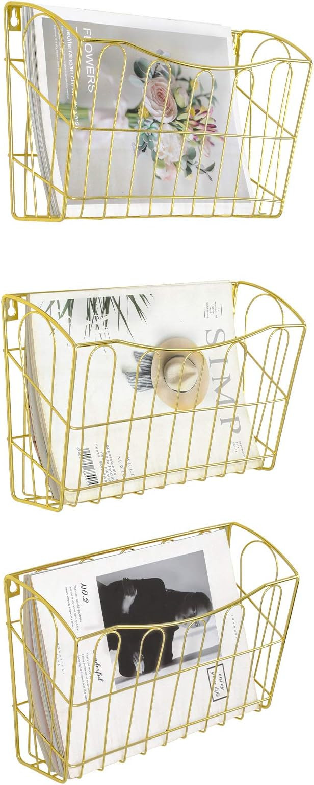 Superbpag Hanging File Organizer, 3 Pocket Wall Mount Document Letter Tray File Organizer, Gold | Amazon (US)