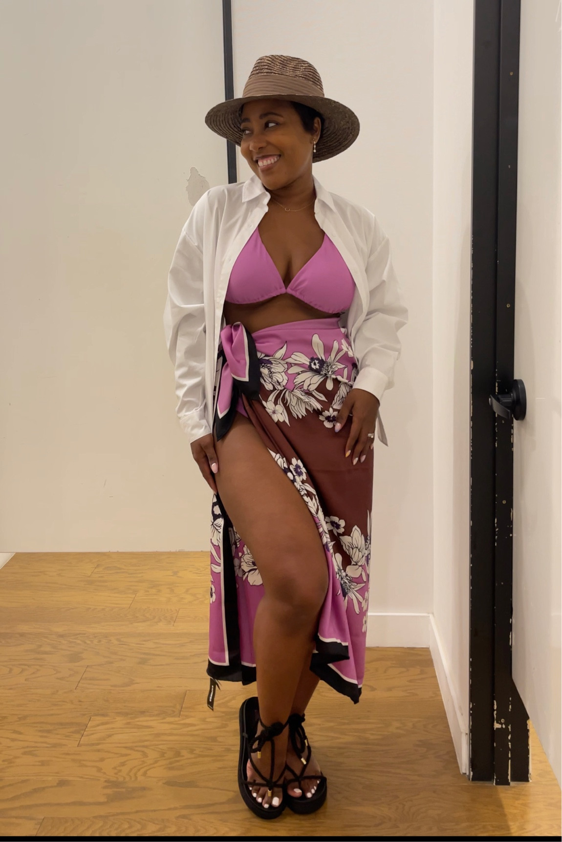 Perfect for a day by the water in brown Panama hat white shirt as cover up purple triangle bikini top printed sarong black rope flat sandals



Beach outfit
Swim outfit 

#traveloutfit
#vacationoutfit
#swim
#beach outfit 

#LTKswim #LTKSeasonal #LTKFind