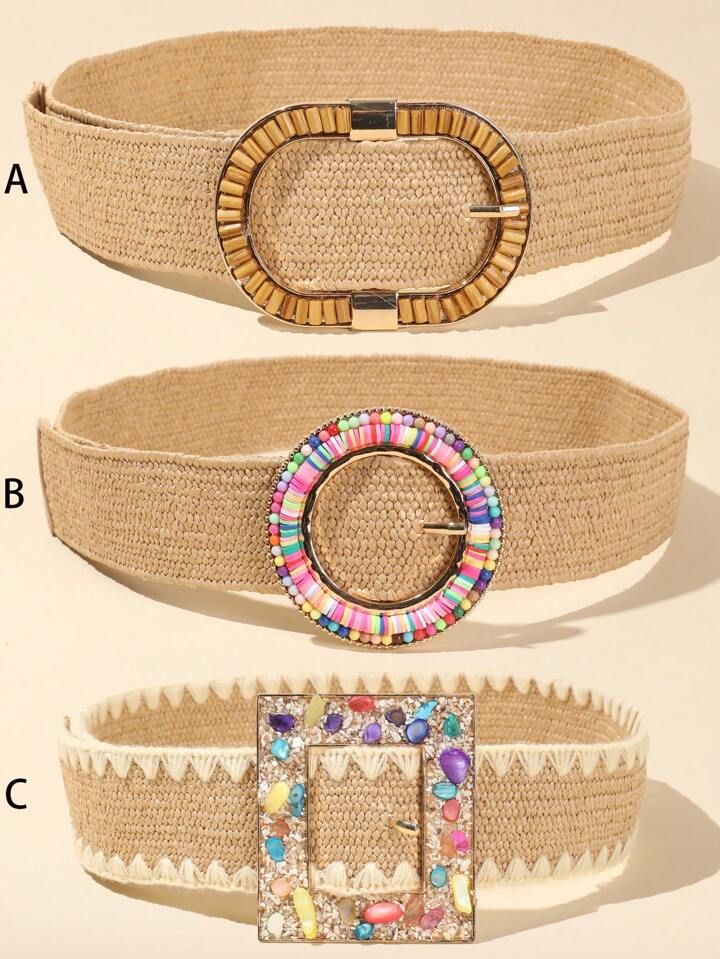 1pc Women Colorful Round Beaded Belt With Metallic Buckle Head, Woven Straw Belt For Beach Style | SHEIN