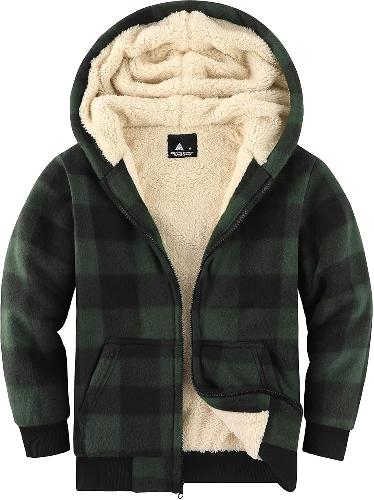 V VALANCH Boys Flannel Jacket Hooded Fleece Lined Zip-up Hoodies Plaid Coat for Kids | Amazon (US)