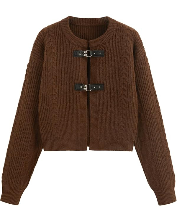 CIDER Cardigan Sweater for Women Round Neck Buckle Sweater Knitted Crop Top Long Sleeve Open Fron... | Amazon (US)