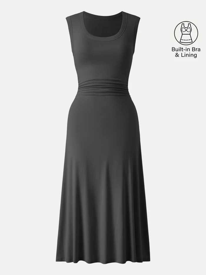 Scoop Neck Side Ruched New Airy Bra Midi Dress | OGLmove