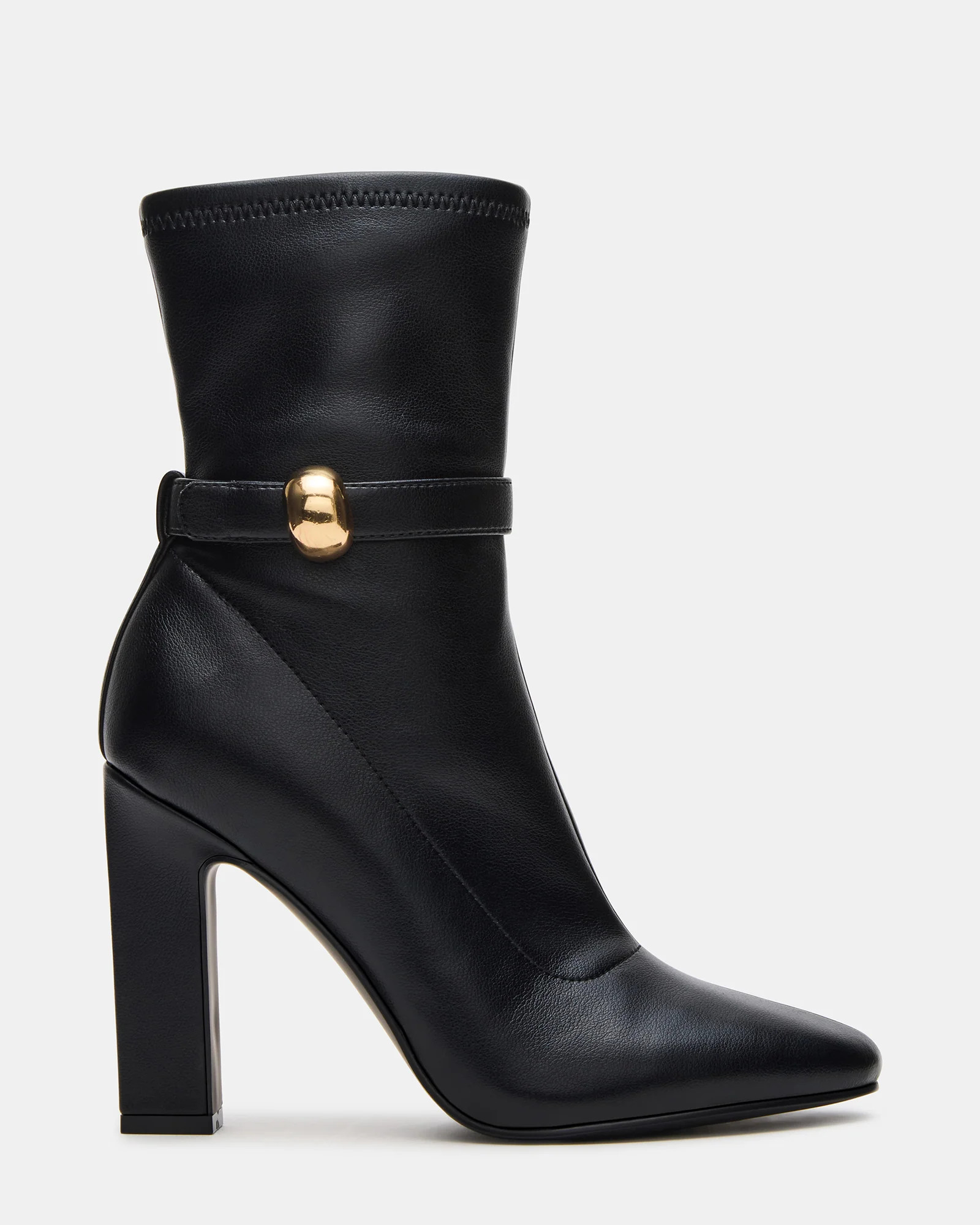 AROMA Black Buckle Gold Detail Block Heel Women's Ankle Boot | Steve Madden (US)