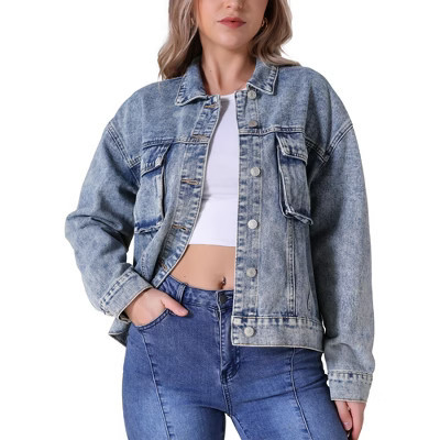 INSPIRE CHIC Women's Button Down Long Sleeve Oversized Denim Jacket Gray Blue Medium | Target