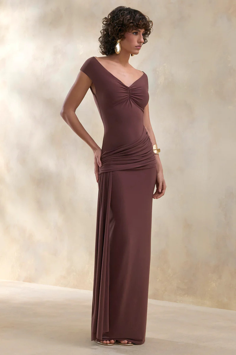Petronia  Brown V-Neck Maxi Dress With Wrap-Detail | Club L London