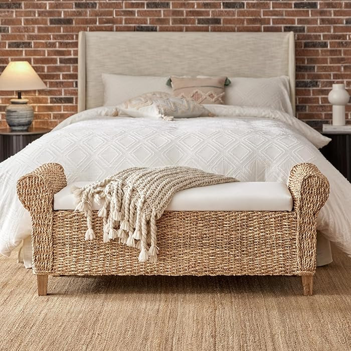 HULALA HOME Rattan Storage Bench, Rattan Upholstered End of Bed Bench with Roll Arm & Solid Wood ... | Amazon (US)