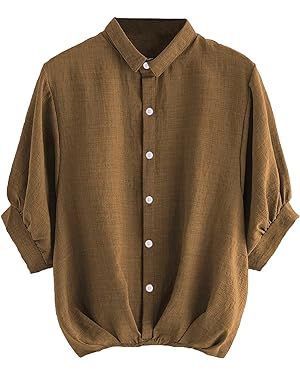 Milumia Women's Collar Lantern Short Sleeve Pleated Hem Button Down Work Blouse Shirt Top | Amazon (US)