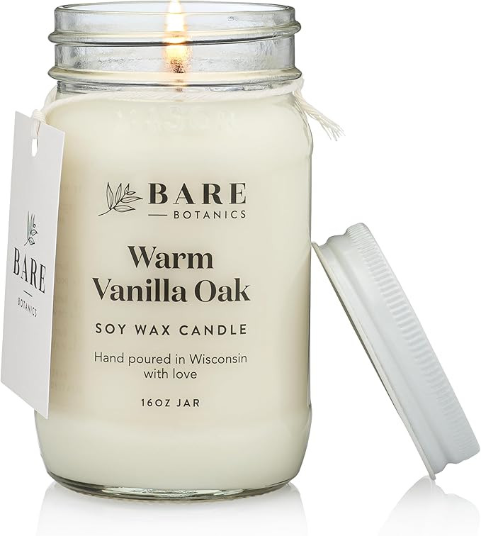 Bare Botanics Warm Vanilla Oak Scented Soy Candle - Premium Candle in 16 oz Mason Jar - 100% Natu... | Amazon (US)