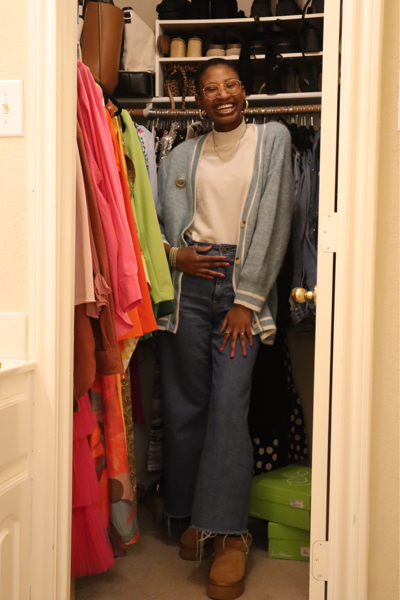 wearing  my favorite work from home outfit: a cardigan, high waisted jeans, and my platform ugg dupes !!! 

#LTKunder100 #LTKshoecrush #LTKstyletip