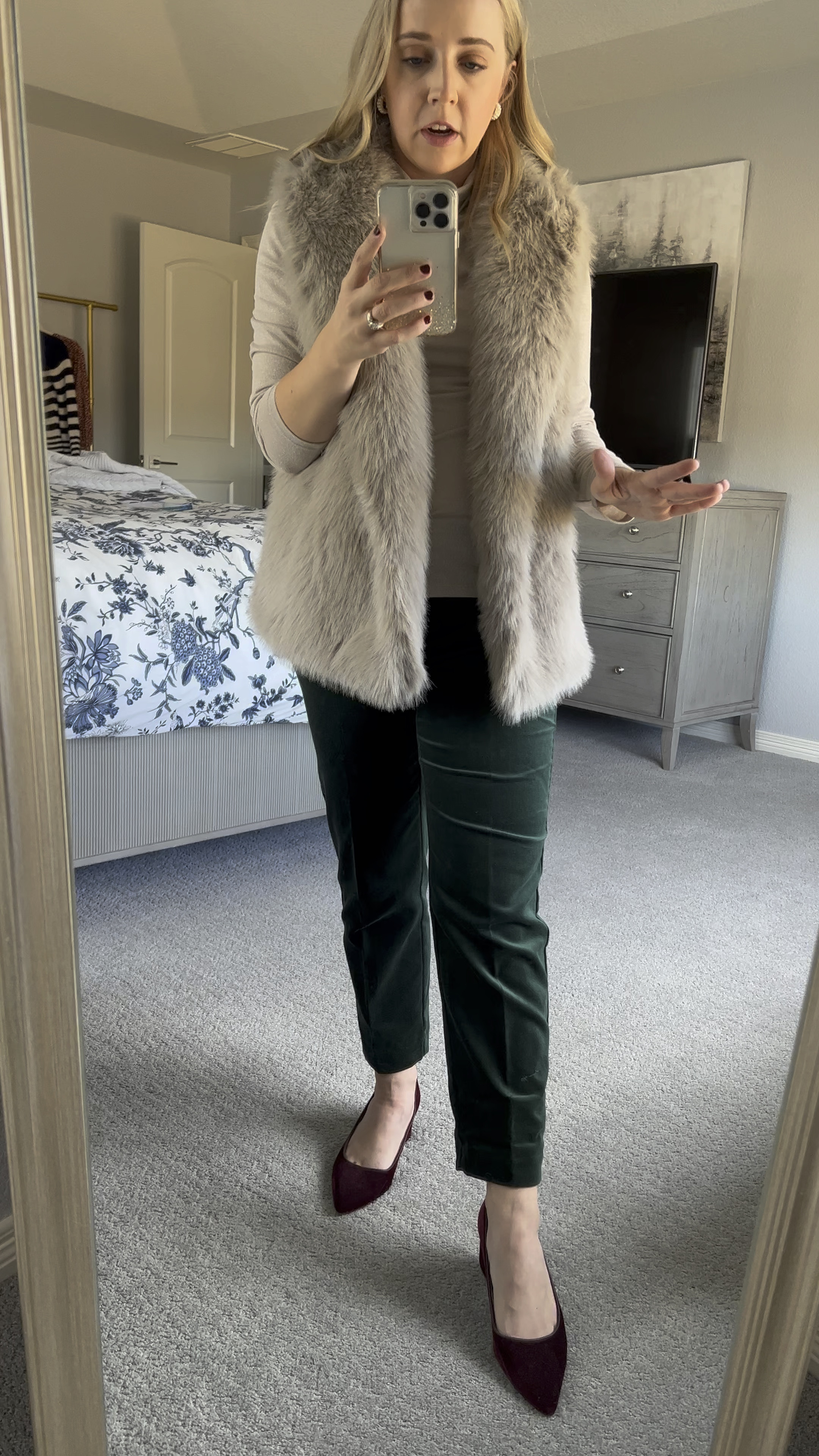 Wearing xs/small in this faux fur vest. Paired with skinny velvet pants size 4 petite. Pants fit true to size. Winter outfit. Holiday outfit. Winter fashion. Festive fashion. Petite. Petite outfit. 

#LTKsalealert #LTKHoliday