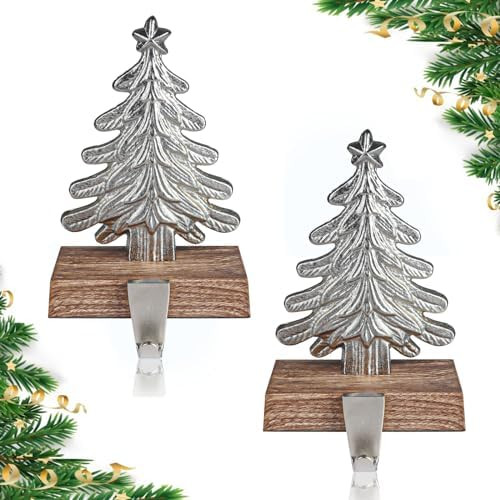 Christmas Stocking Holder for Mantelwith Retro Xmas Tree Non-Skid Glitter Silver Stocking Holders... | Amazon (US)