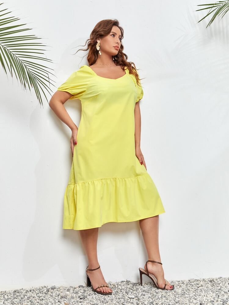 Plus Puff Sleeve Sweetheart Neck Ruffle Hem Smock Dress | SHEIN