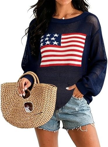 American Flag Sweater Women Crochet Knit USA Tops 4th of July Outfits Casual Boat Neck Pullover S... | Amazon (US)