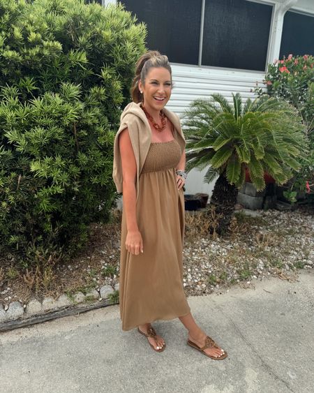 In a small smocked top maxi, xs sweater, necklace, sandals and accessories for spring beach vacay outfit - all fits TTS.

#LTKSeasonal #LTKstyletip #LTKfindsunder100