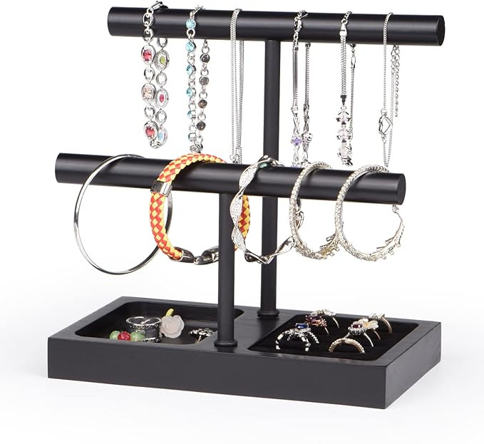 SZQINJI Jewelry Holder Organizers Bracelet Holder Display Stand, Solid Wood Base with 2 Tier Meta... | Amazon (US)