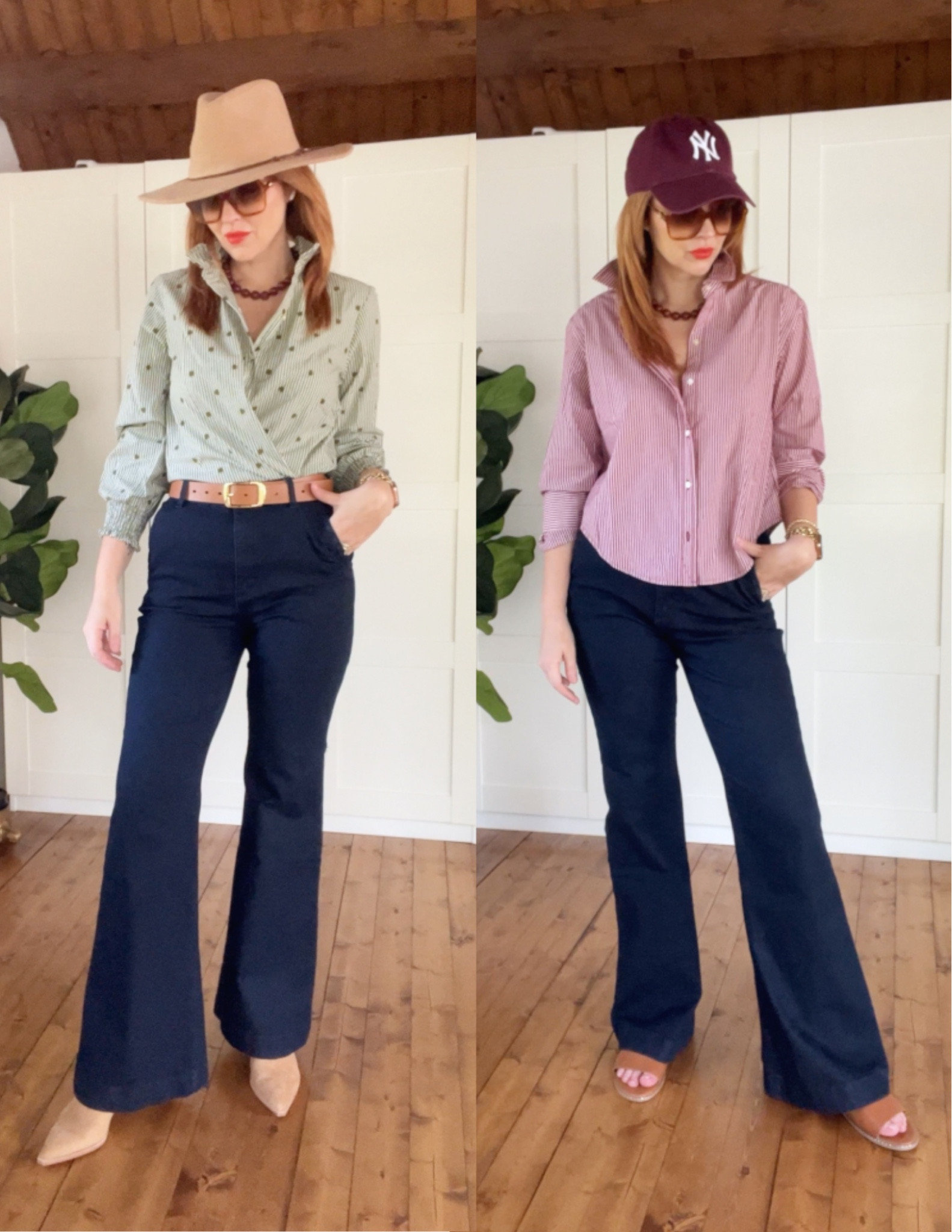 Walmart fall style! So many fun ways to style a button down shirt! The green one has ruffles and the red one is a cropped fit. I’m wearing a small in both! The trouser denim is super soft! I got a size 6 but could have gone down to a four. 

#walmartfashion #walmart 

#LTKBacktoSchool #LTKFindsUnder50 #LTKSeasonal