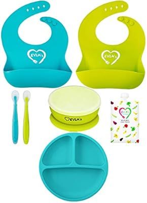 Baby Feeding Set | Silicone Bib Plates Bowls Spoons | Divided Plate Suction Bowl & Soft Spoon Aid... | Amazon (US)
