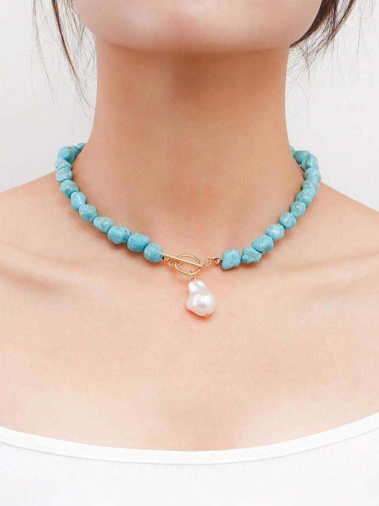 1pc Irregular Natural Turquoise Shaped Pearl Pendant Necklace Handmade Personalized Collar For Wo... | SHEIN