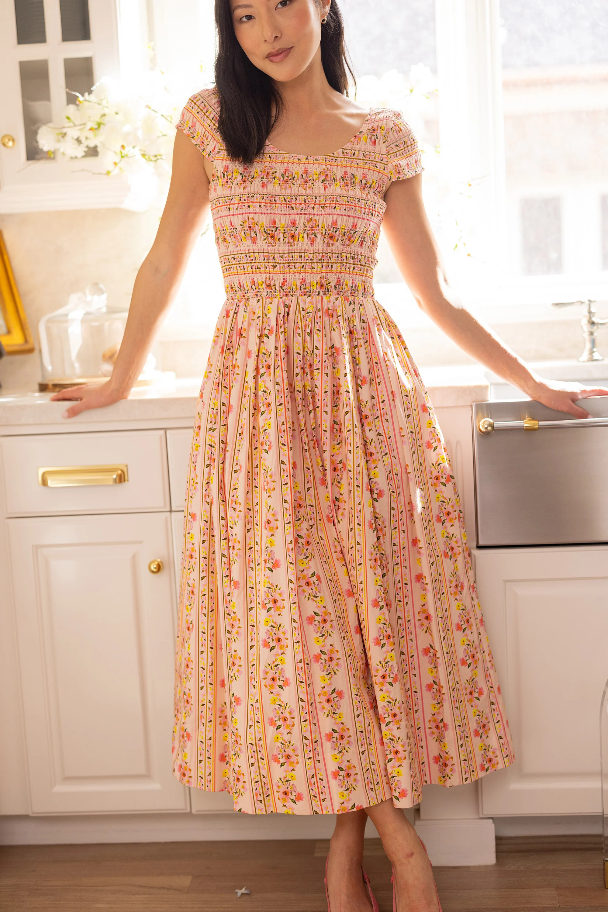 Marlow Cap Sleeve Dress in Peach Handpainted Flora Stripe | Ivy City Co